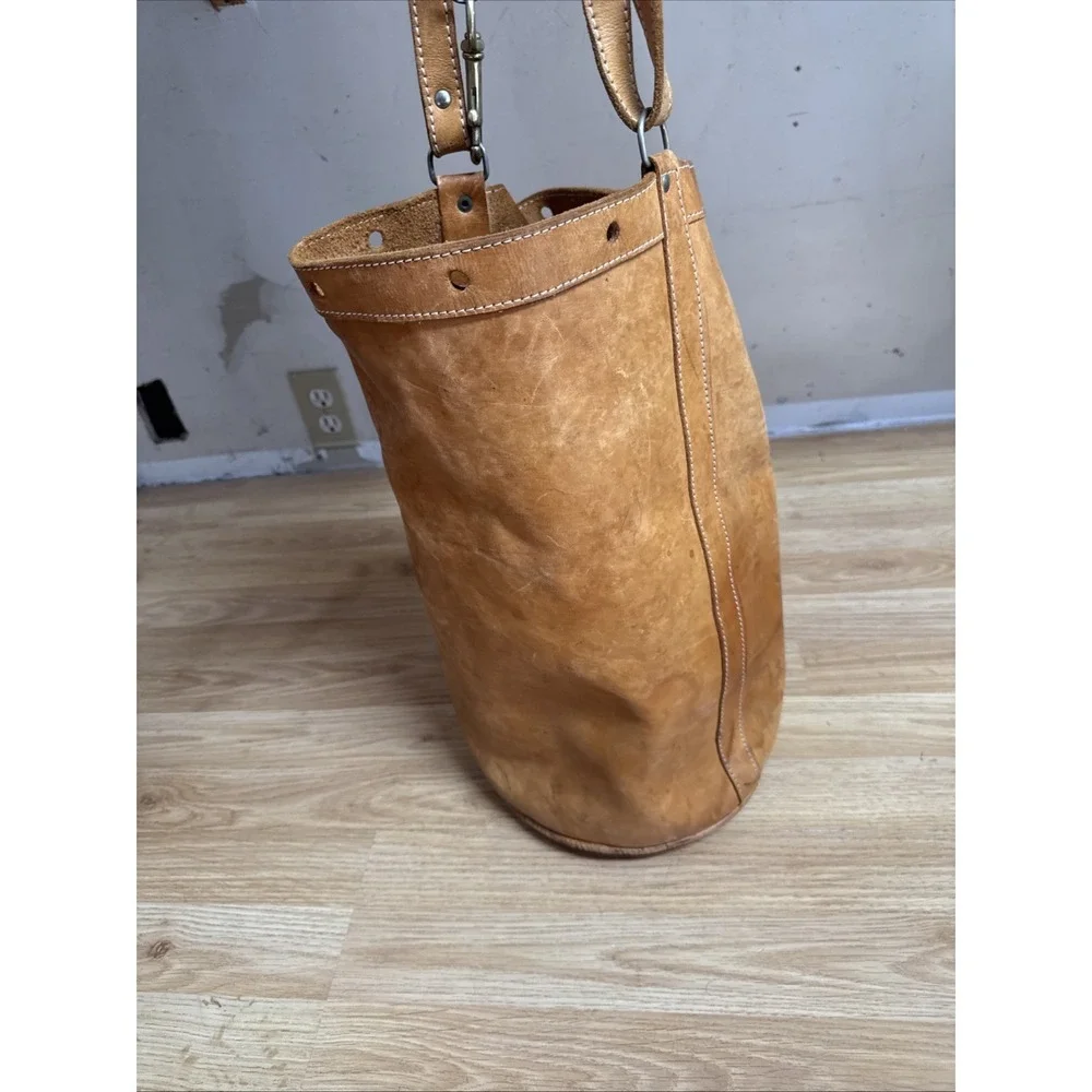 Vintage Tan Leather Bucket Cinch top Tote Bag